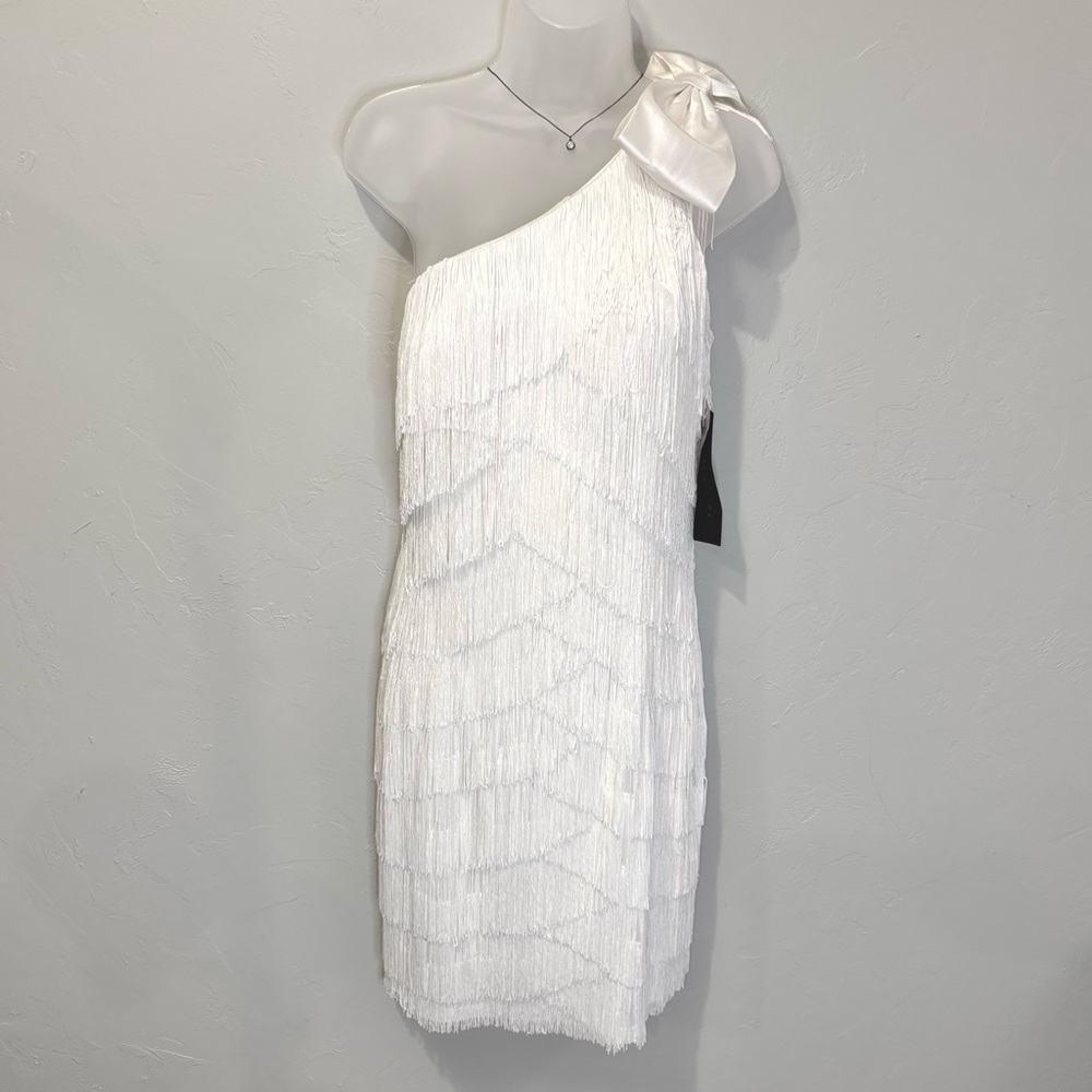 NWT Aidan Mattox One-Shoulder Silk White Fringe Cocktail Dress Size 12
